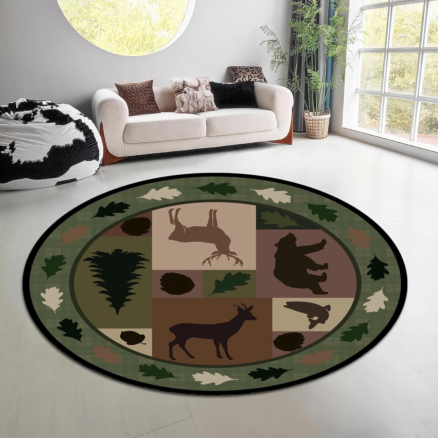 빈티지 자연 숲 원형 러그 녹색 갈색 엘크 곰 무늬 카 - Hunting Outdoor Rug 리뷰 및 가격